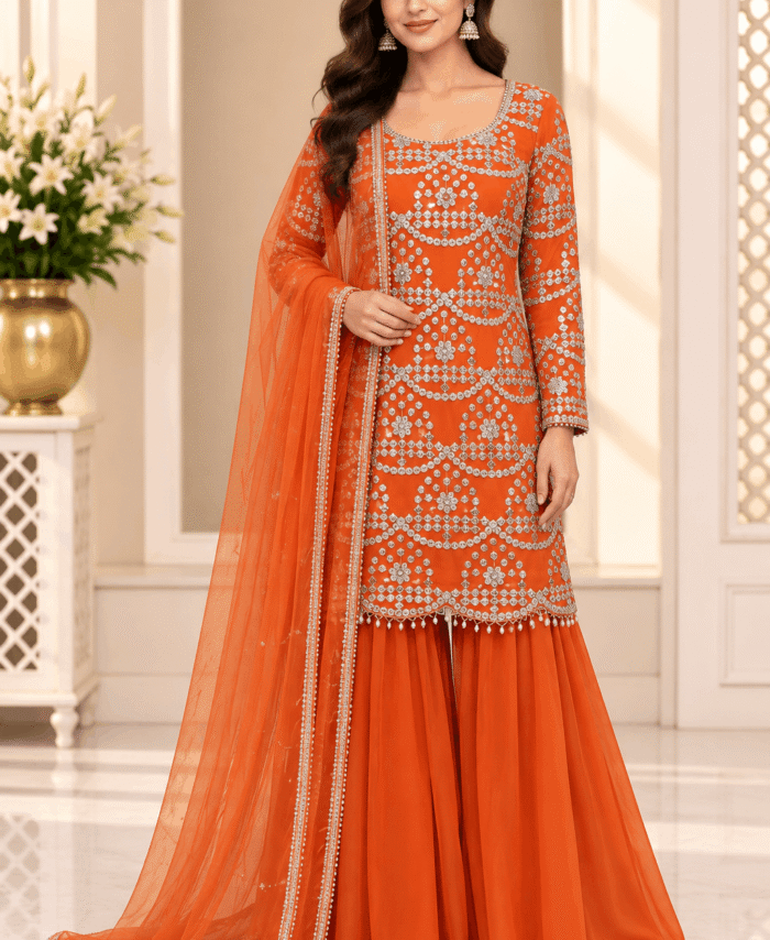 Bright Orange Straight Shirt with Sharara