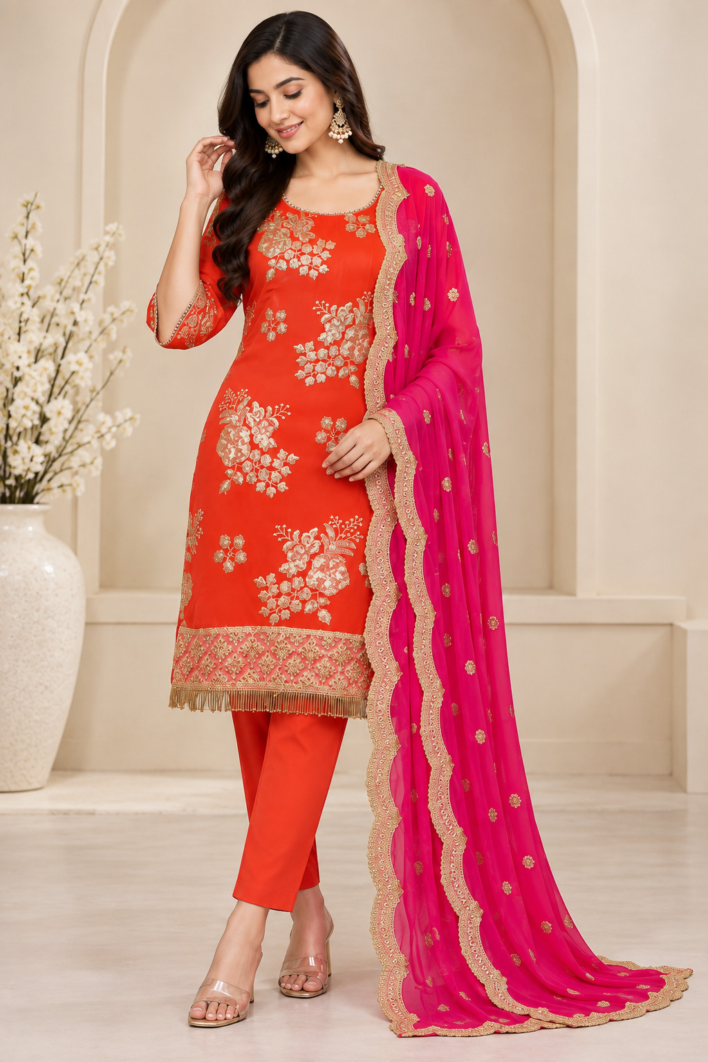 Orange and Magenta Embroidered Pajami Suit Set