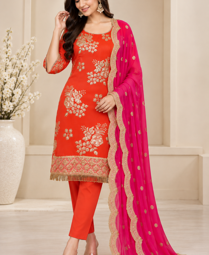 Orange and Magenta Embroidered Pajami Suit Set