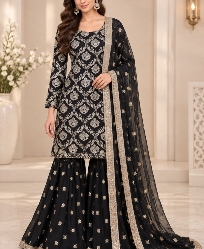 Black Embroidered Straight Shirt with Gharara & Dupatta