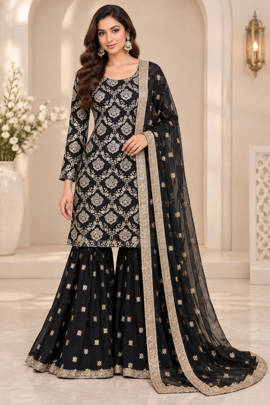 Black Embroidered Straight Shirt with Gharara & Dupatta