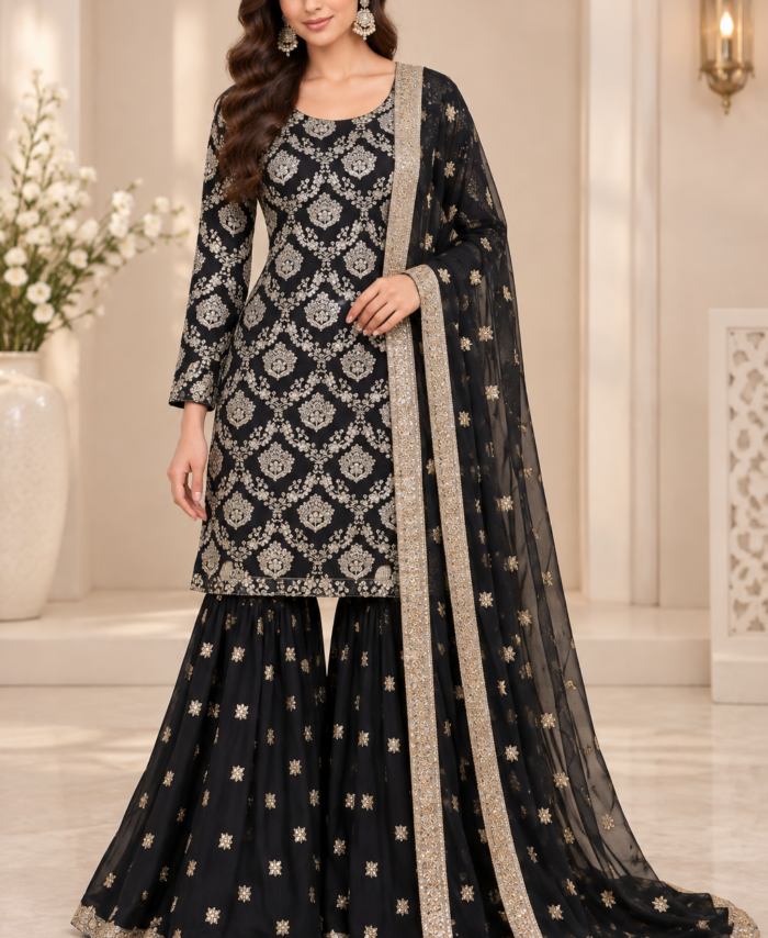 Black Embroidered Straight Shirt with Gharara & Dupatta