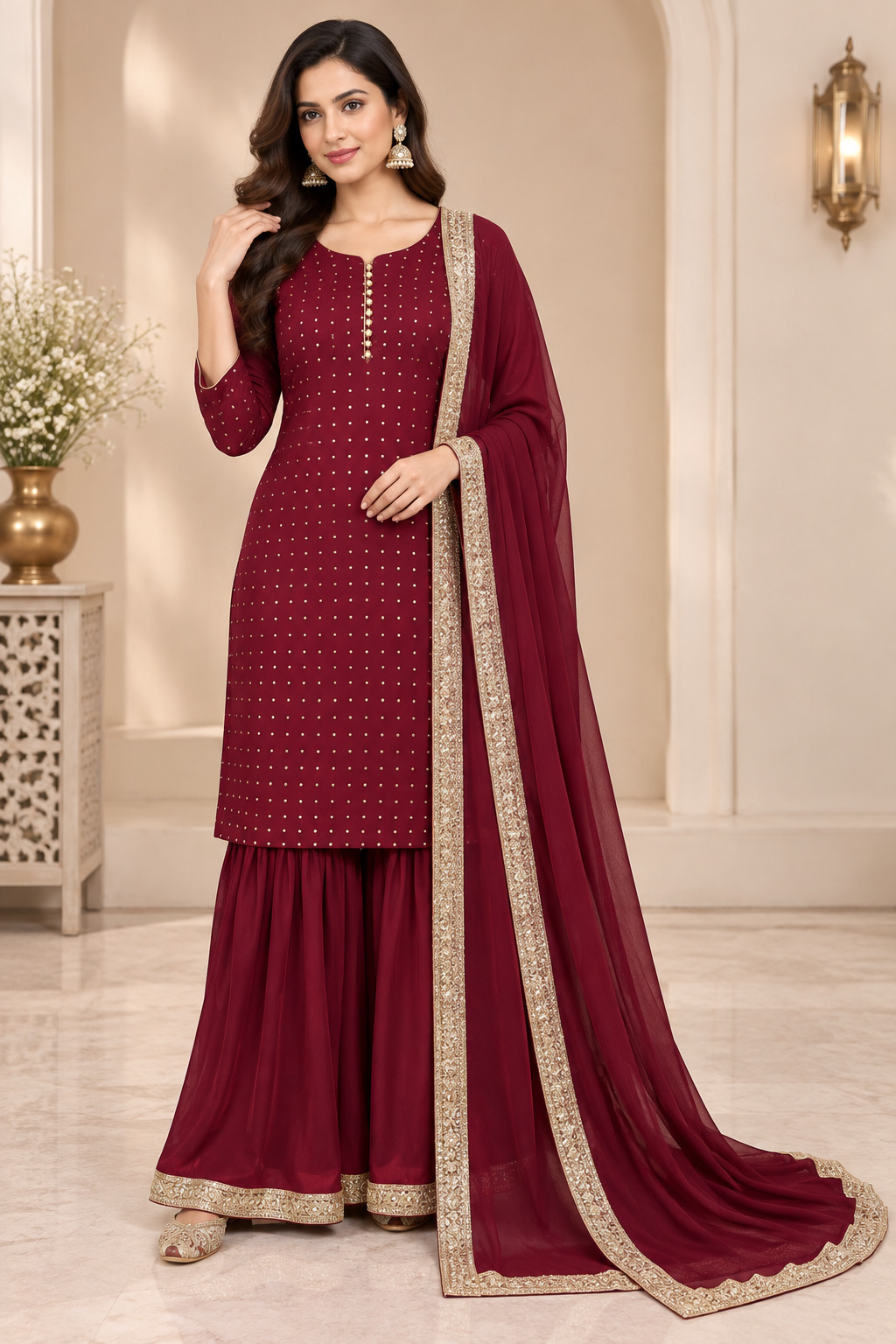 Mehroon Straight Shirt with Sharara