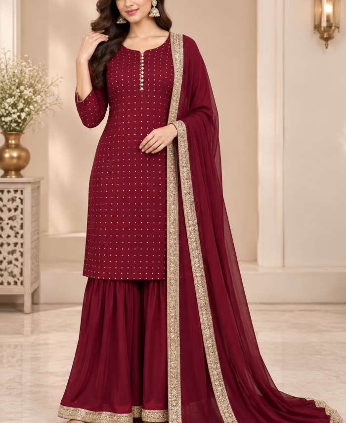 Mehroon Straight Shirt with Sharara