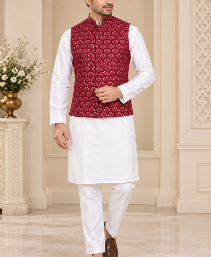 White & Mehroon Kurta Pajama with Embroidered Vest