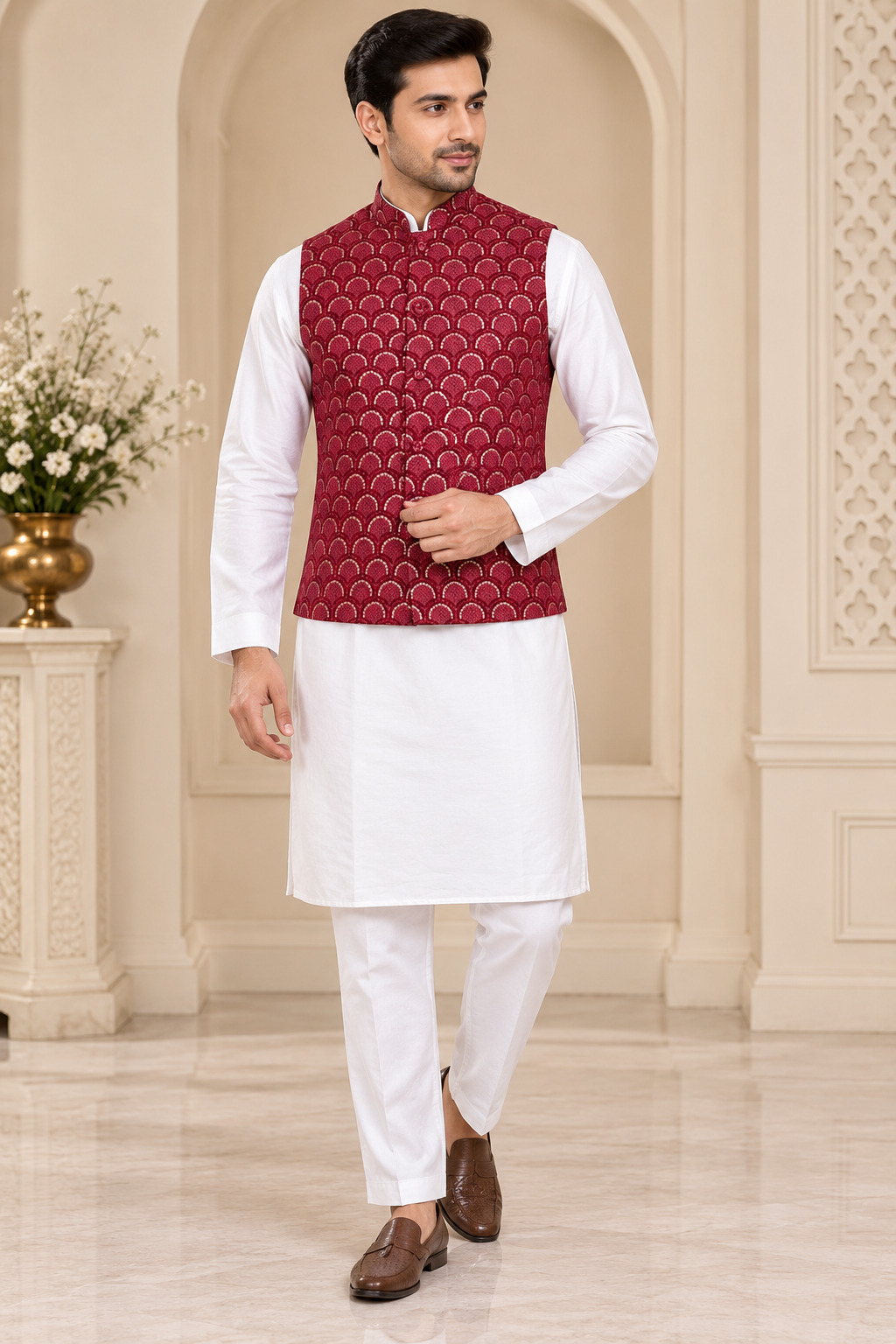 White & Mehroon Kurta Pajama with Embroidered Vest