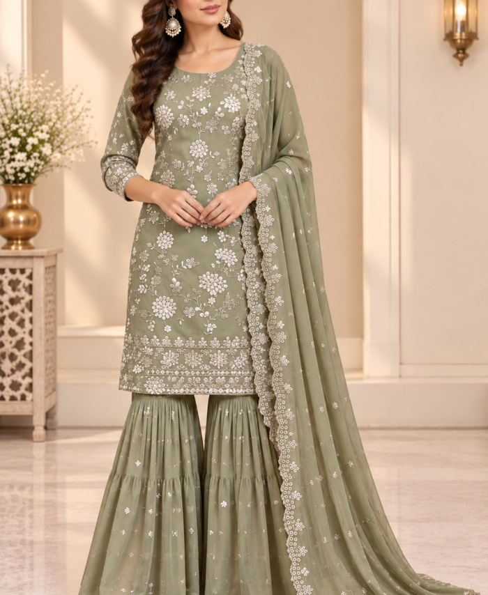 Olive Green Straight Shirt with Layer Gharara