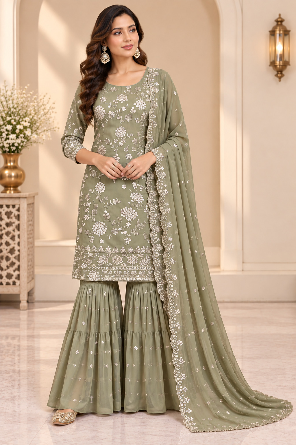 Olive Green Straight Shirt with Layer Gharara